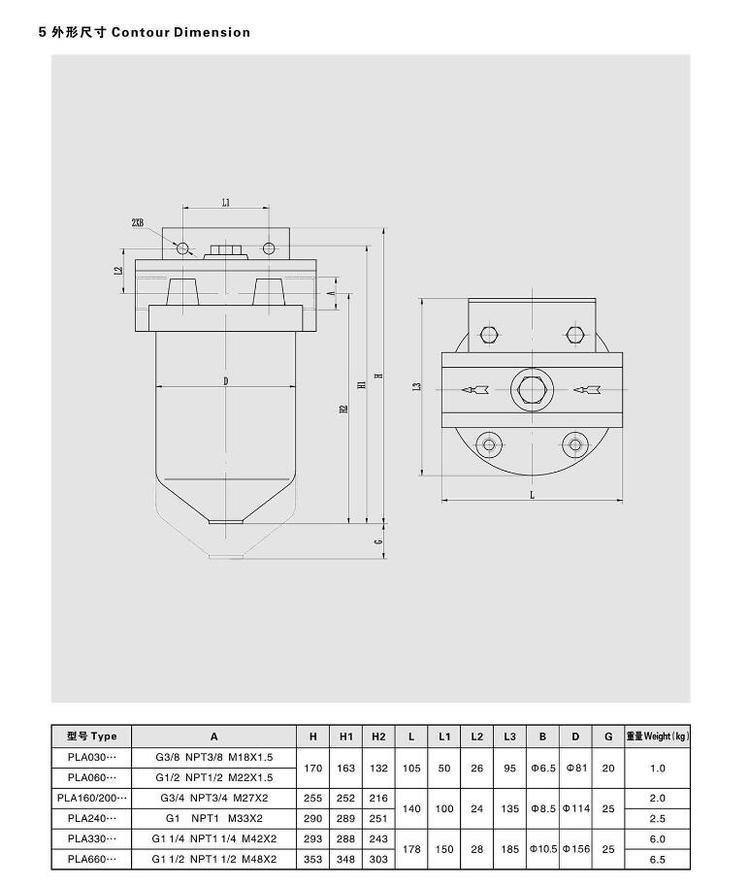 过滤器外形图纸尺寸参数图表 Contour Dimension